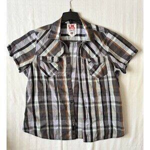 UK Style By French Connection Plaid Men's Shirt Large Pockets Buttons gray